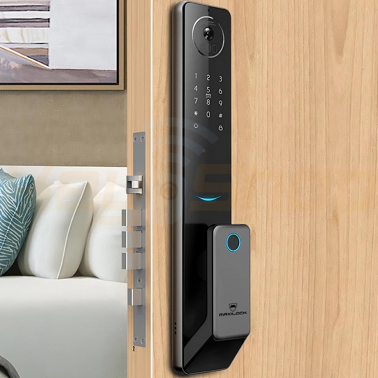 MAXILOCK PALM-V5 מנעול דלת ביומטרי חכם עם מצלמת פעמון ומסך - זיהוי פנים וכף יד, אפליקציה ועוד (ללא התקנה)