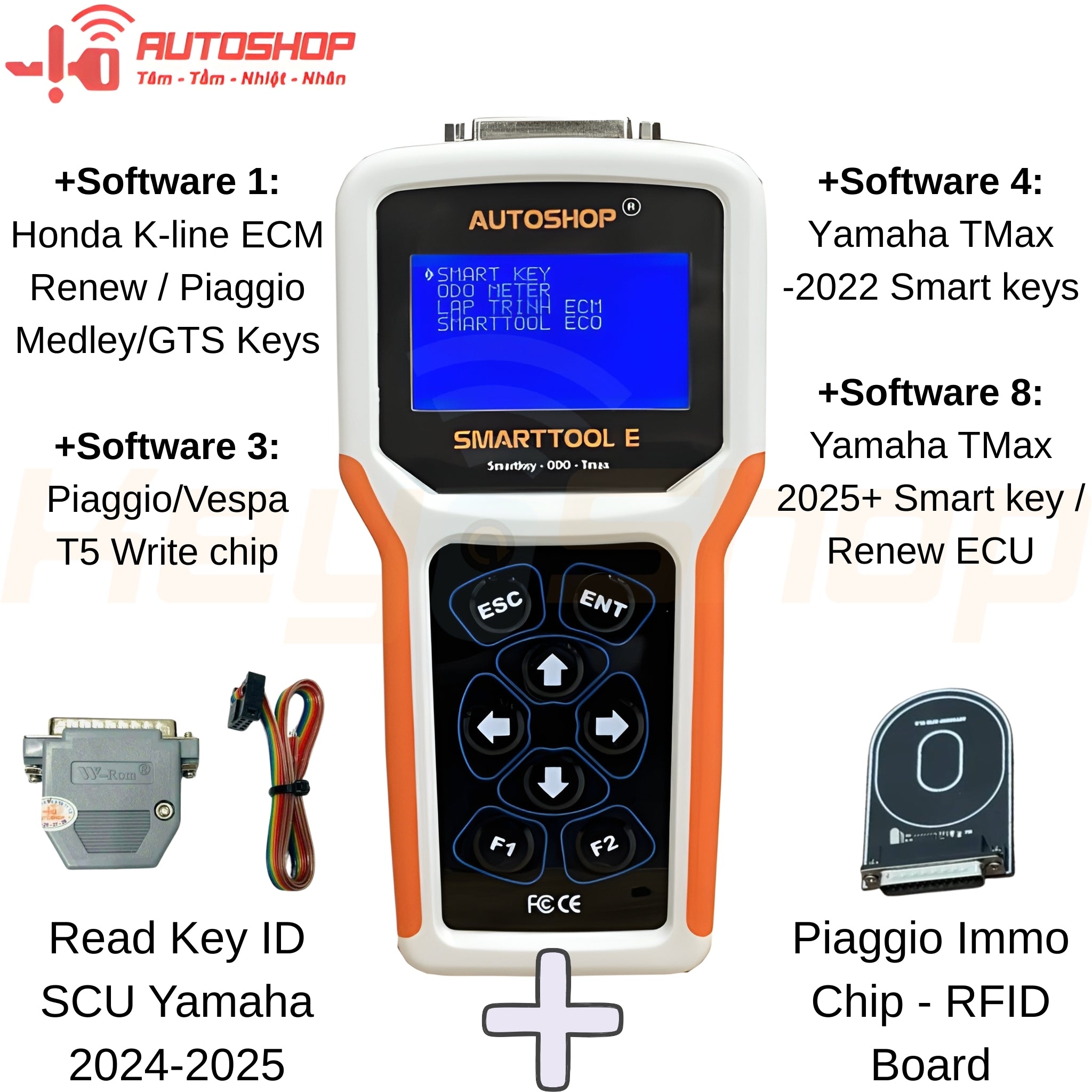 חבילה מורחבת: מכשיר קידוד מפתחות חכמים לאופנועים SMARTTOOL ECO U + תוכנות 1, 3, 4, 8 + מתאם ימאהה TMAX 2025 + מתאם צ'יפים פיאג'ו