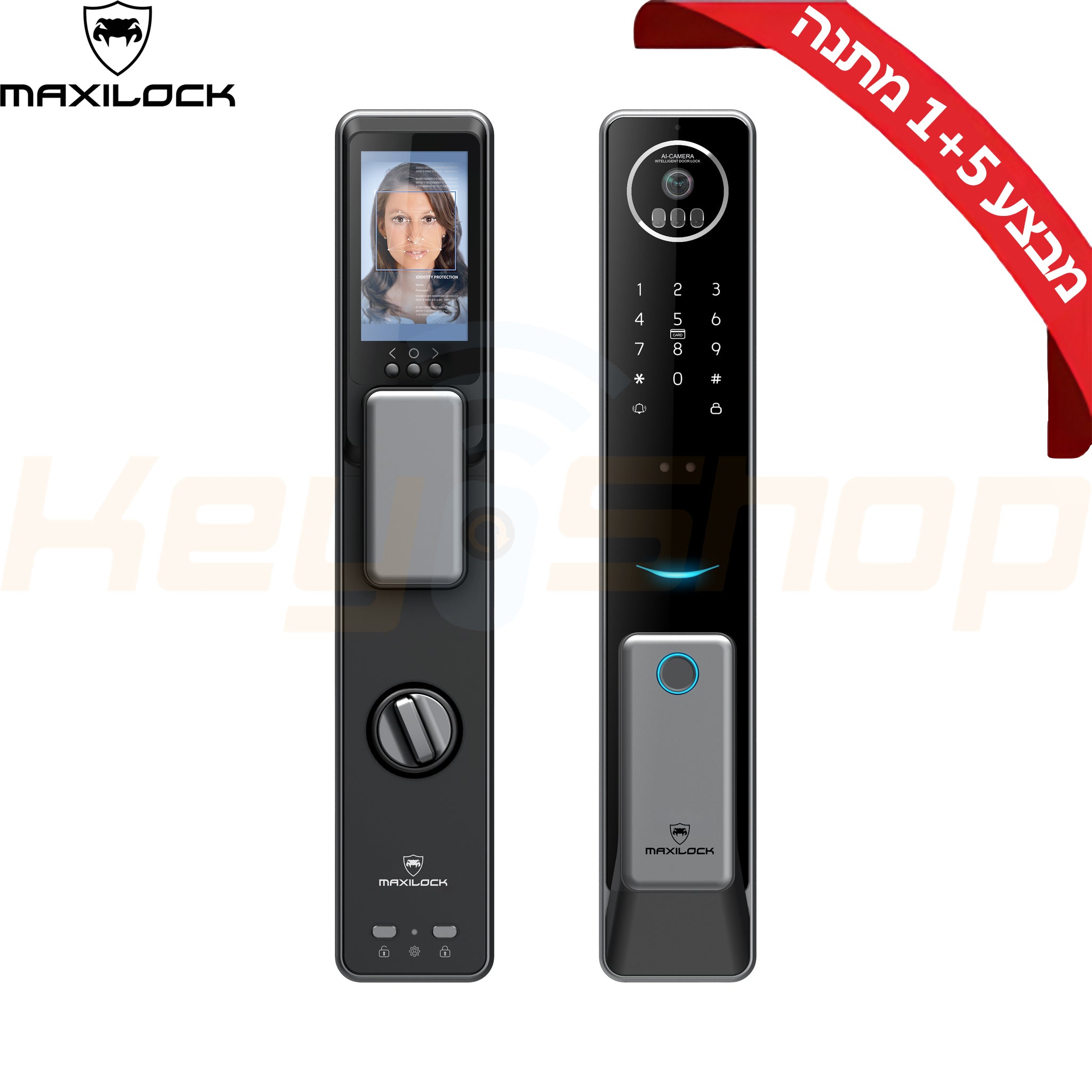 MAXILOCK PALM-V5 מנעול דלת ביומטרי חכם עם מצלמת פעמון ומסך - זיהוי פנים וכף יד, אפליקציה ועוד (ללא התקנה)