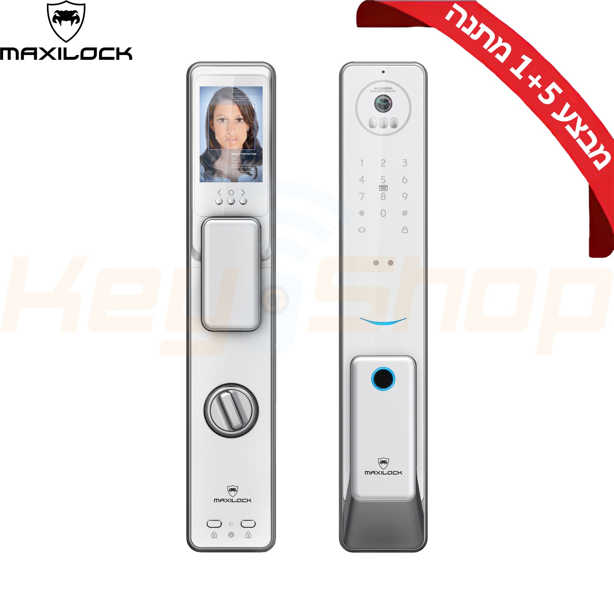 MAXILOCK PALM-V5 מנעול דלת ביומטרי חכם עם מצלמת פעמון ומסך - זיהוי פנים וכף יד, אפליקציה ועוד