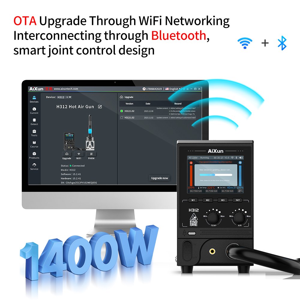 AiXun H312 – תחנת אוויר חם חכמה 1400W עם WiFi ו-Bluetooth