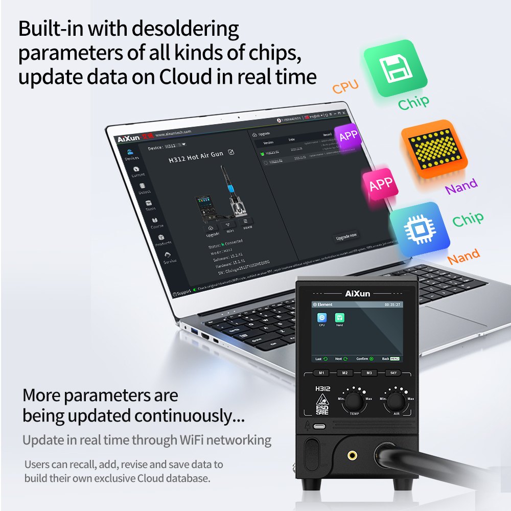 AiXun H312 – תחנת אוויר חם חכמה 1400W עם WiFi ו-Bluetooth