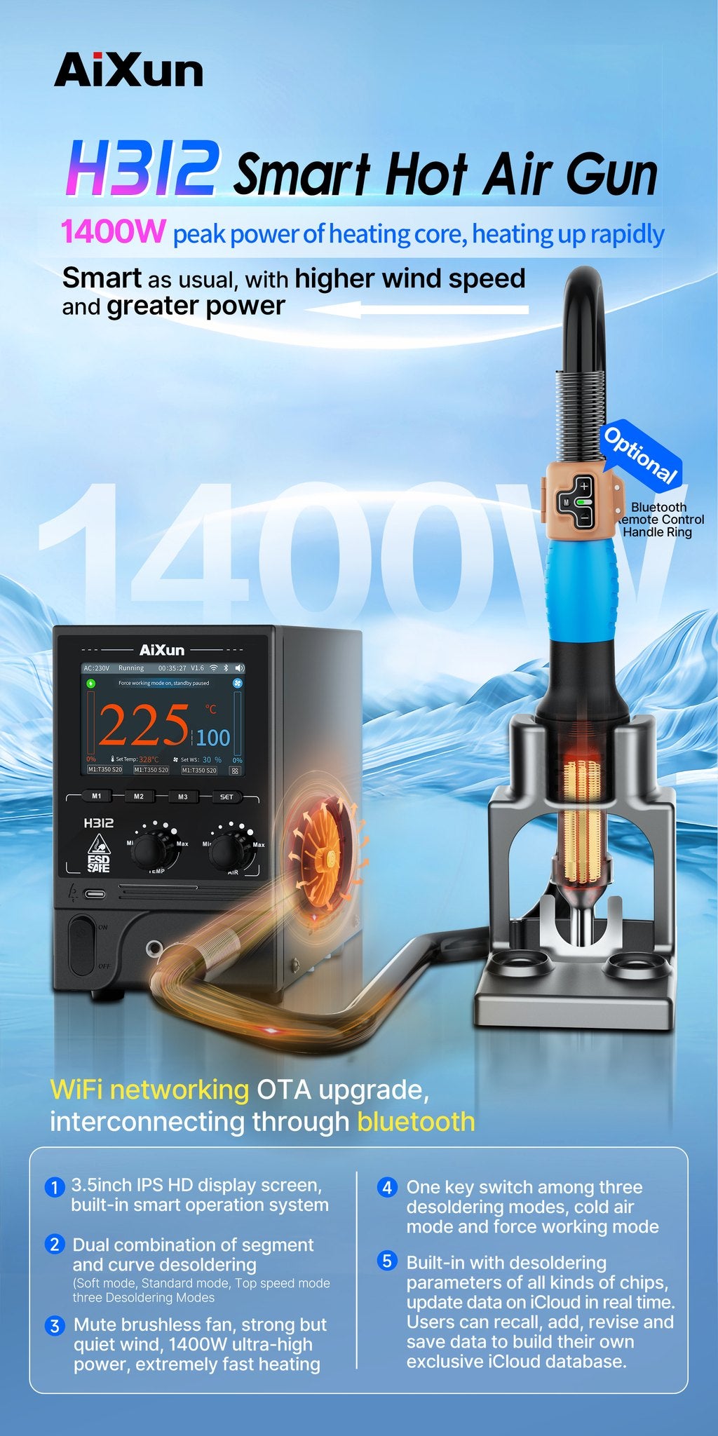 AiXun H312 – תחנת אוויר חם חכמה 1400W עם WiFi ו-Bluetooth