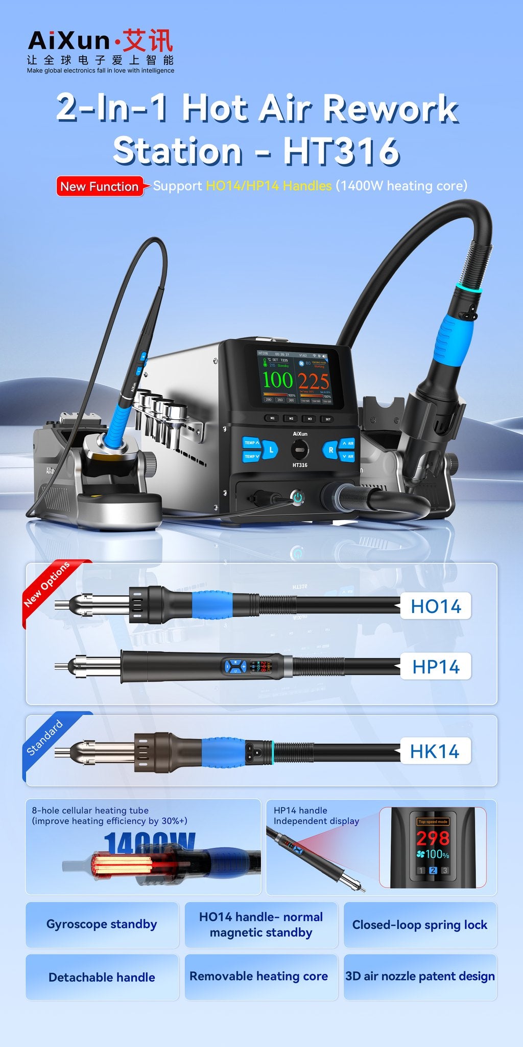 AiXun HT316 – תחנה 2 ב-1: אוויר חם 1400W ומלחם מדויק