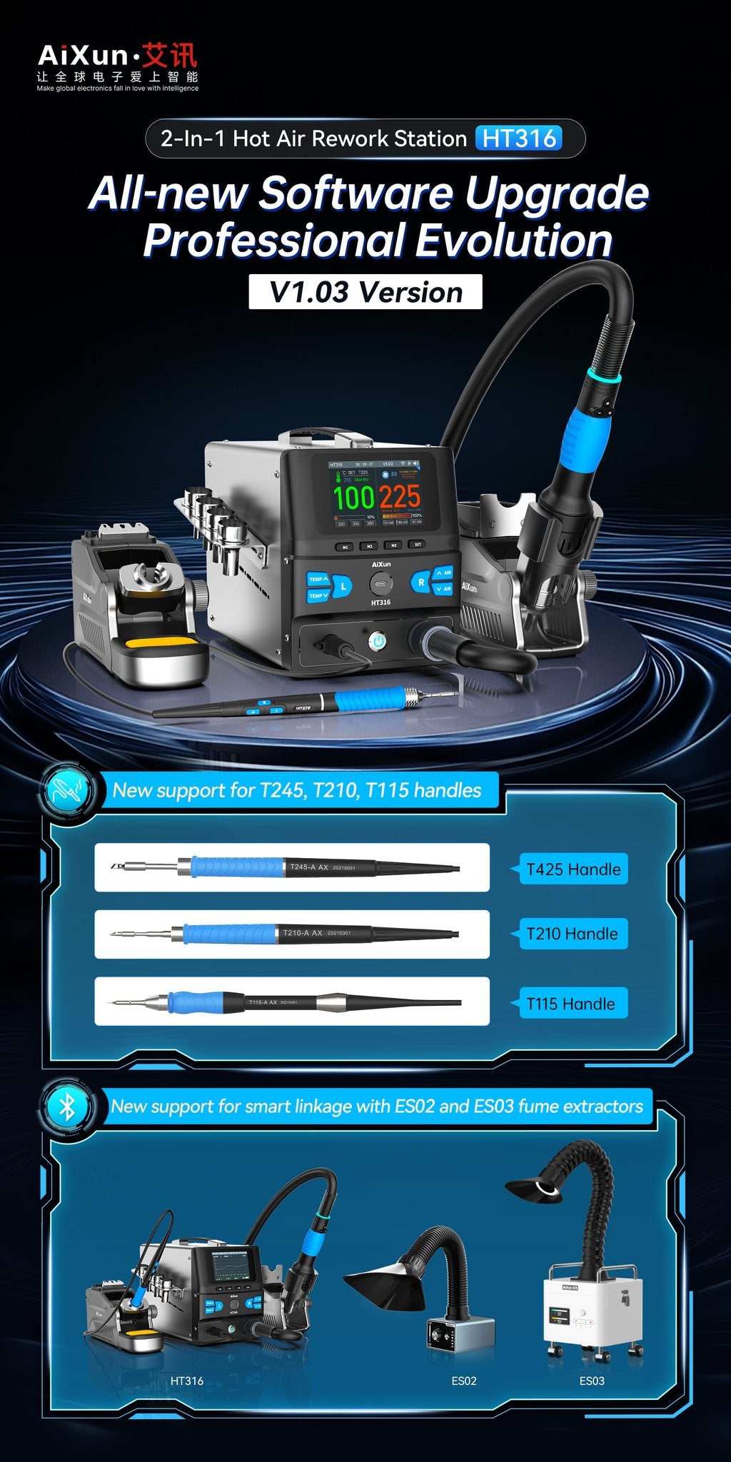 AiXun HT316 – תחנה 2 ב-1: אוויר חם 1400W ומלחם מדויק