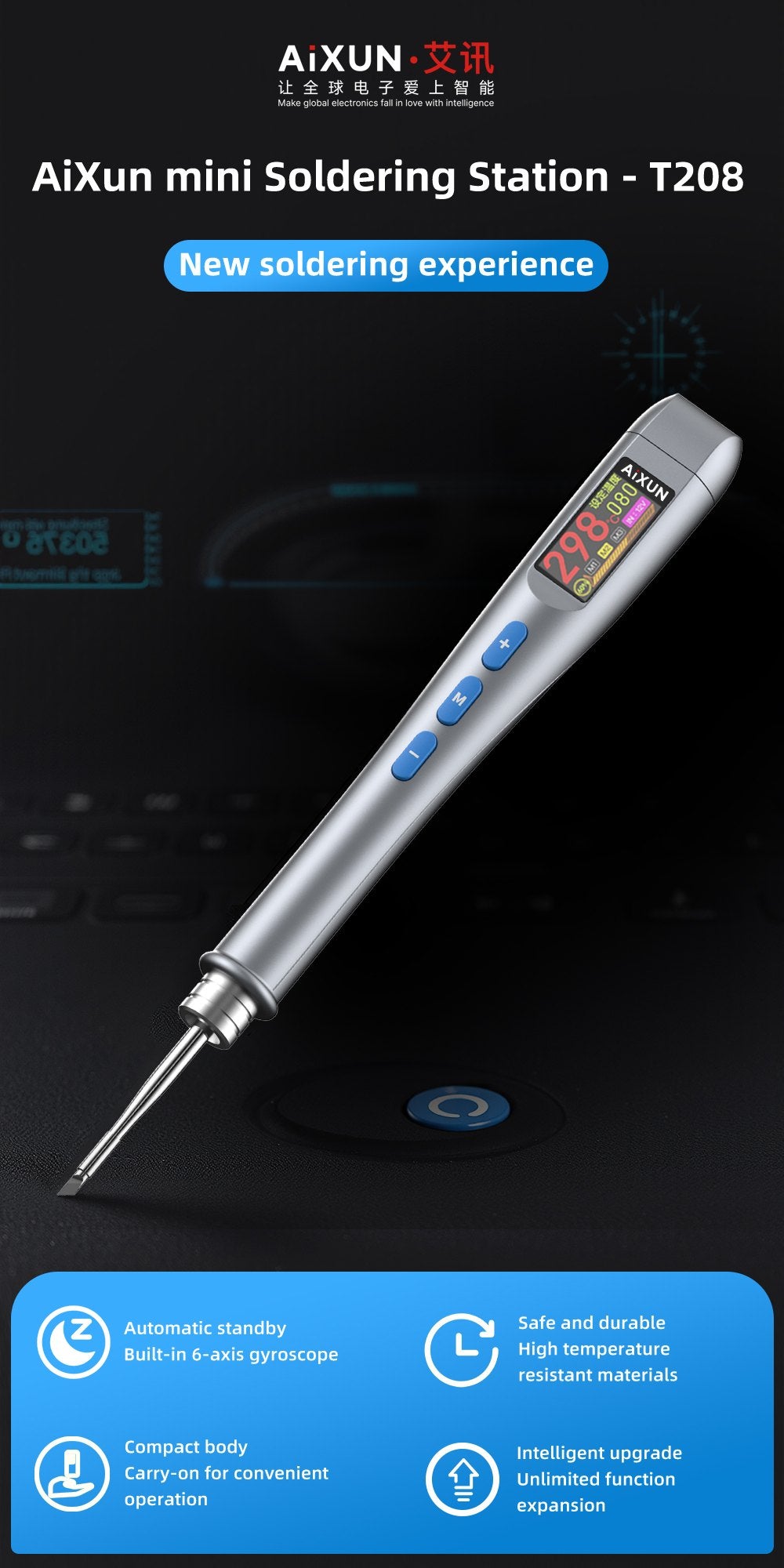 AiXun T208 – מלחם מיני חכם 80W עם מסך צבעוני ו-USB-C