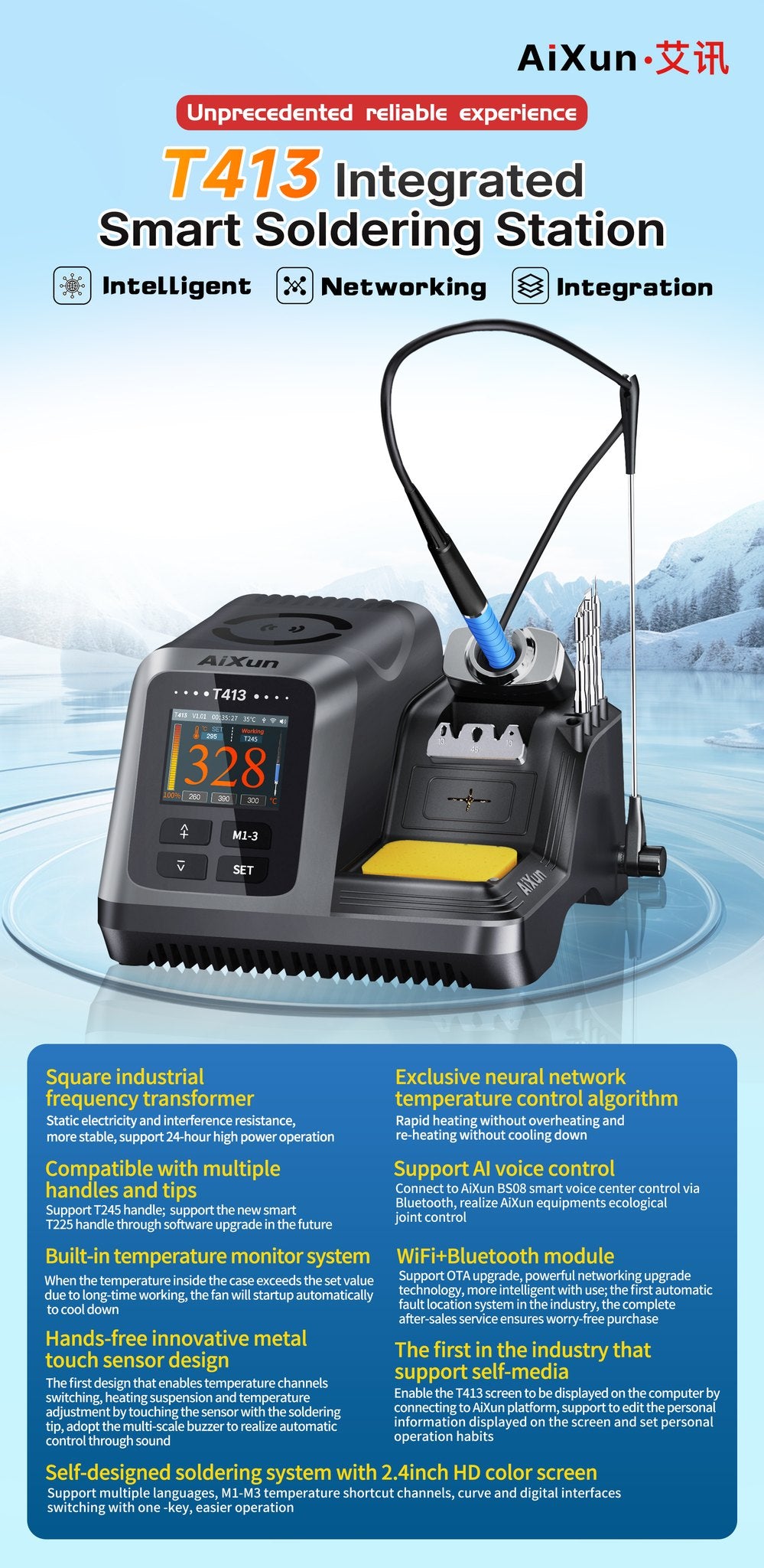 AiXun T413 – תחנת הלחמה חכמה משולבת 200W (ידית T245)